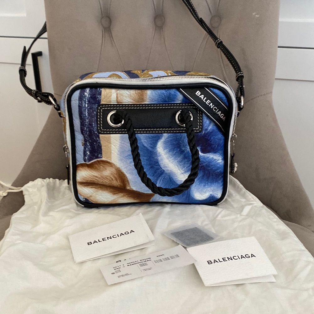 Balenciaga Small Leather Square Blanket Blue and Brown Floral  Crossbody Bag NWT